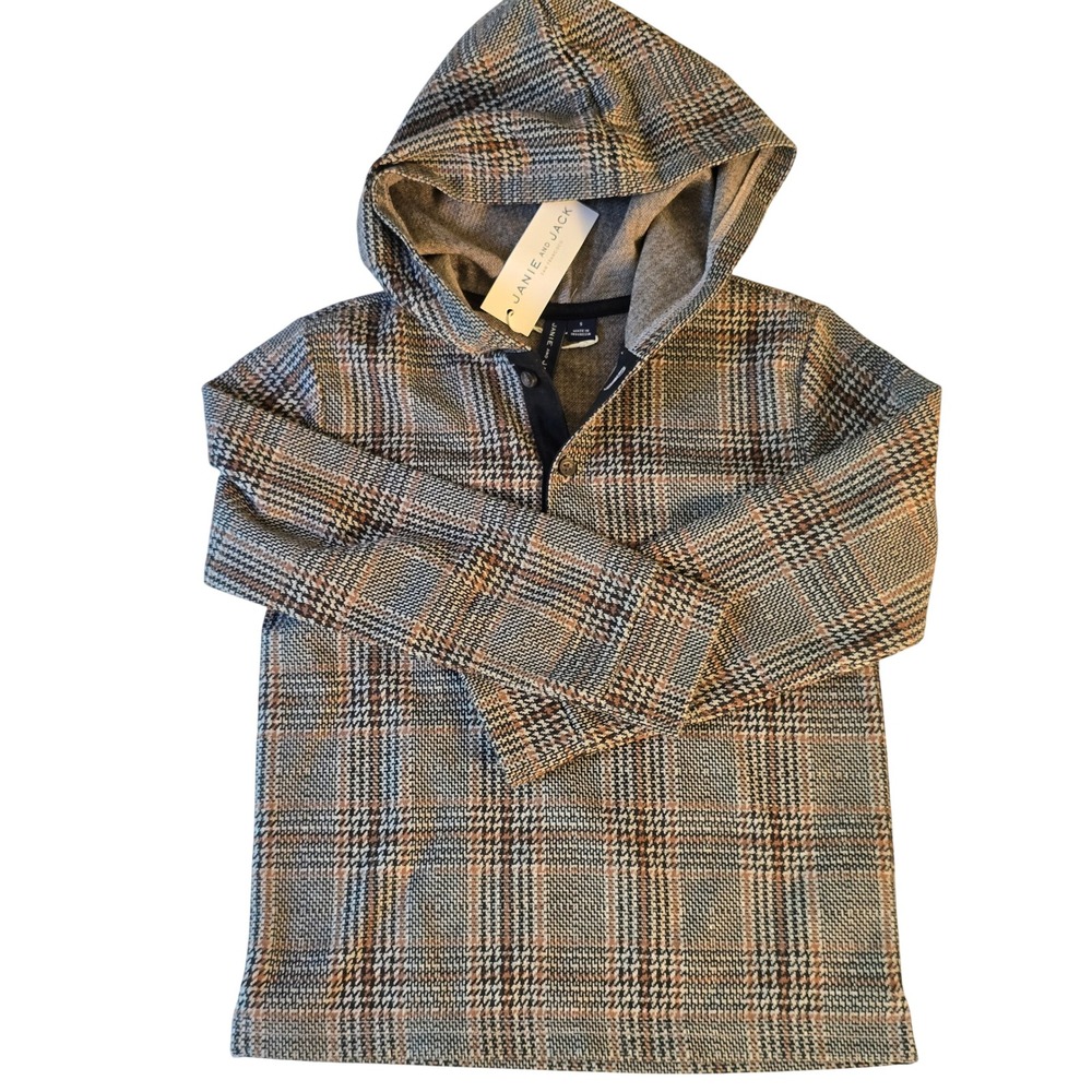 Janie and Jack Boys Plaid Hoodie Brown Tan Blue Glen Check Button Neck Size 5